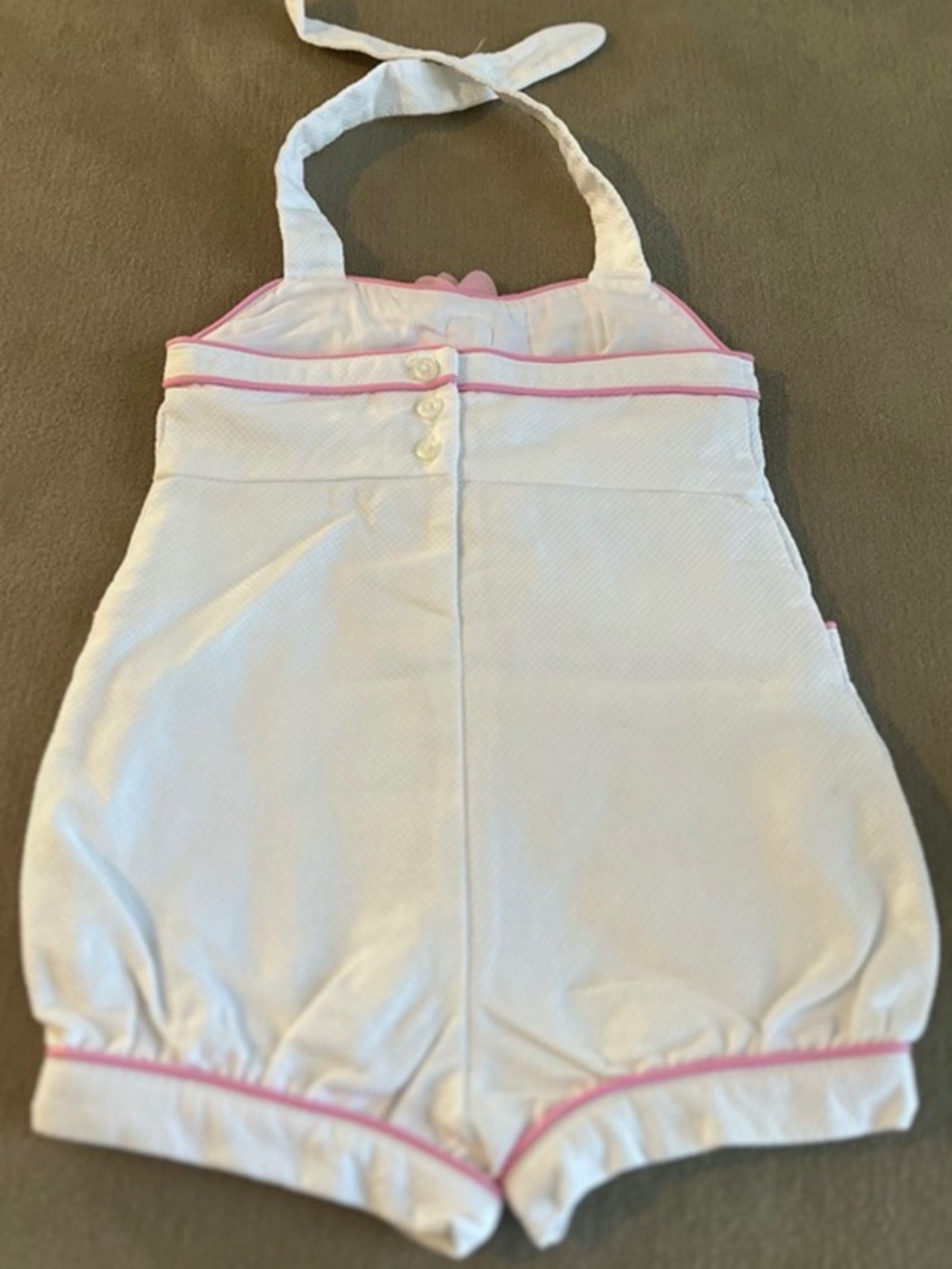 Janie and Jack White Halter Romper with Pink Trim and Floral Accent - Picture 2 of 2